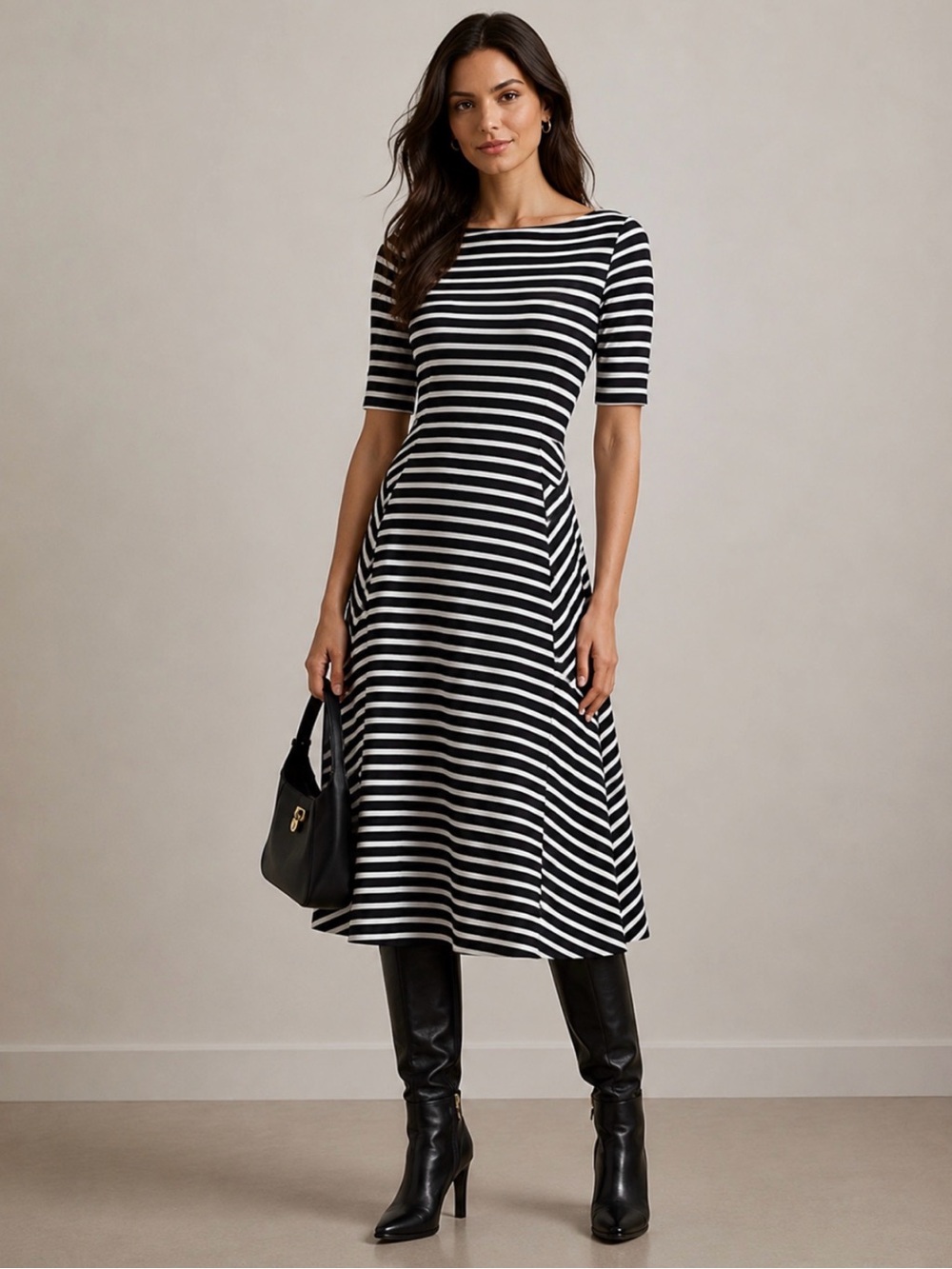 Lauren Ralph Lauren Black and White Striped Fit-and-Flare Midi Dress size M